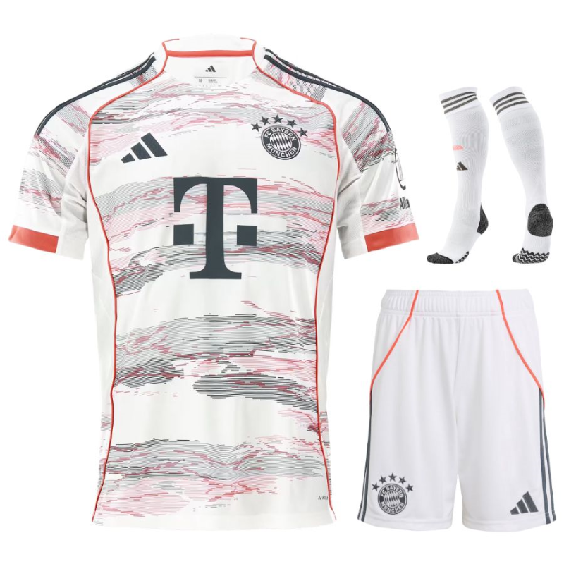 Bayern Monaco 2025/26 Trasferta Bambino – Maglia e Pantaloncini Bianchi con Dettagli Rossi